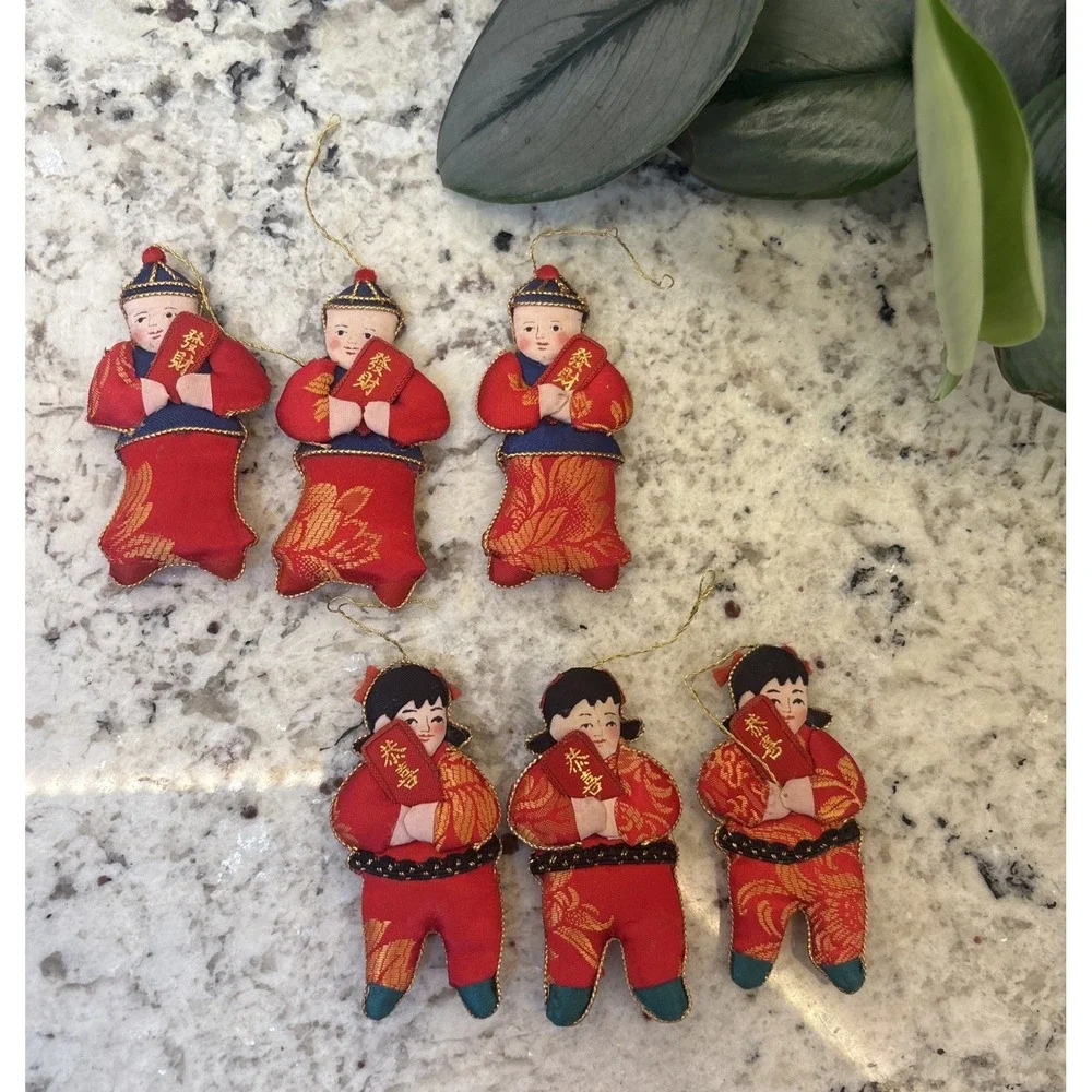6 Silk Embellished Christmas‎ Ornaments Asian Children Chinese Lunar New Year